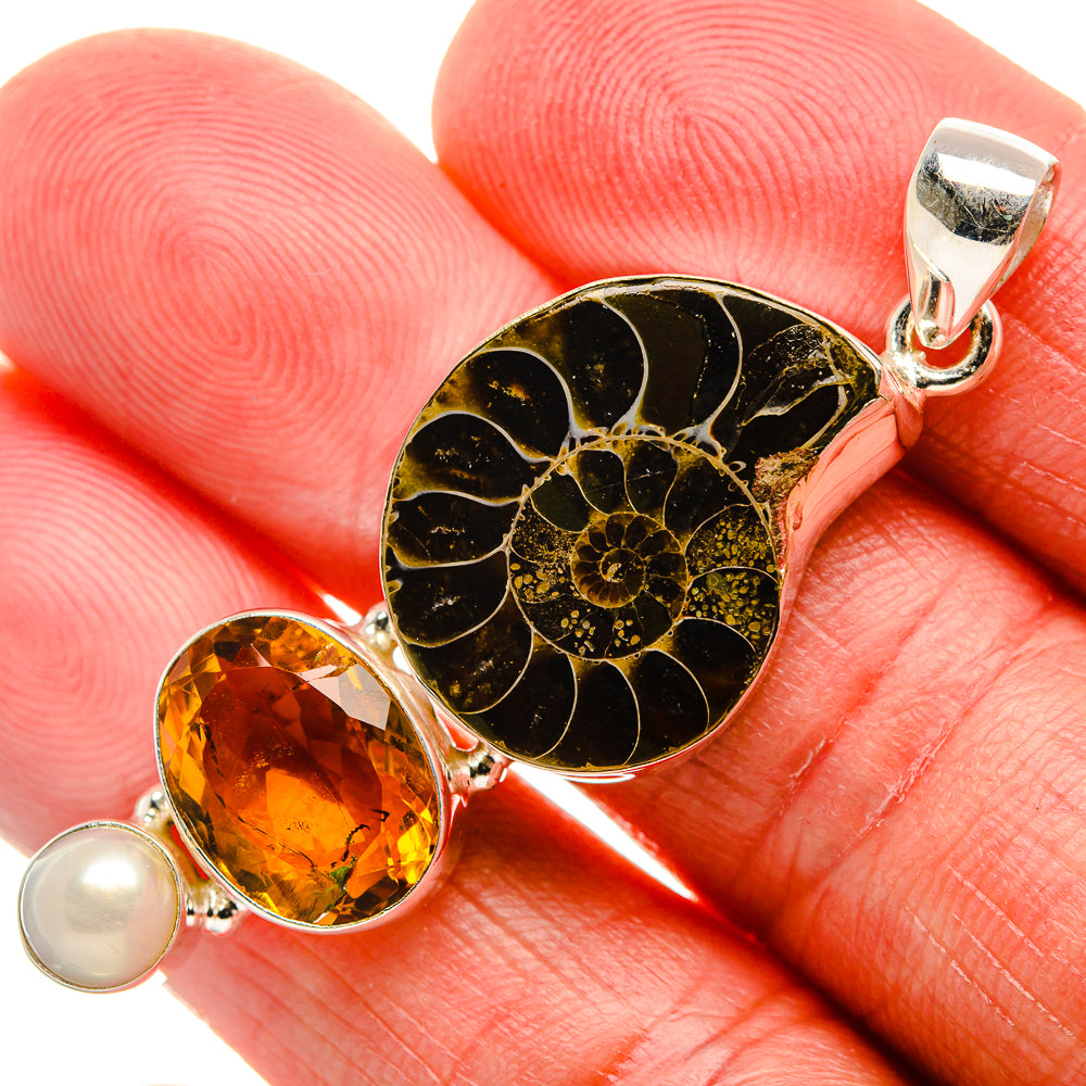 Ammonite Fossil, Citrine, Cultured Pearl Pendant 2" (925 Sterling Silver) PD37125