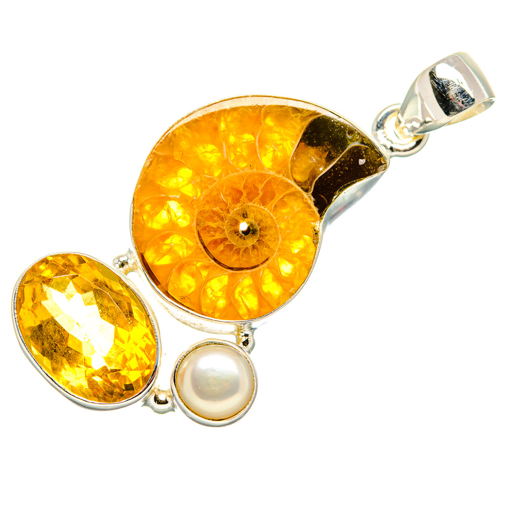 Ammonite Fossil, Citrine, Cultured Pearl Pendant 1 3/4"  (925 Sterling Silver) PD36917