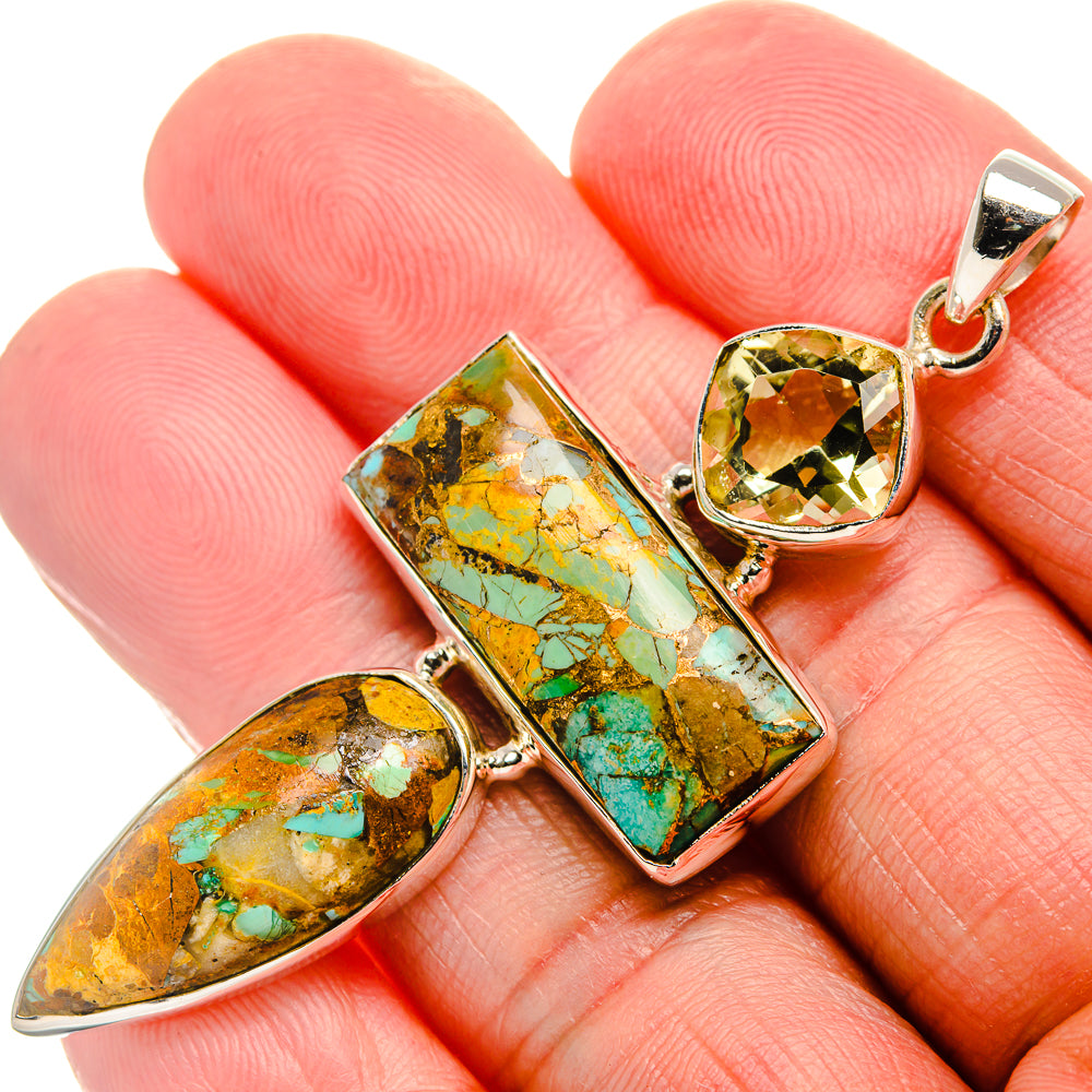 Blue Copper Composite Turquoise, Citrine Pendant 2 1/2" (925 Sterling Silver) PD37002
