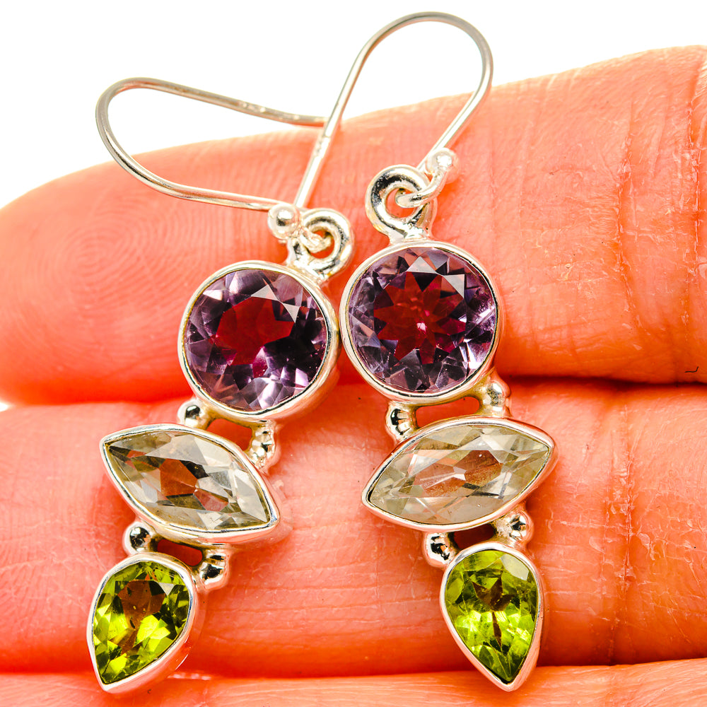 Anasilvercos Faceted Green Amethyst, Amethyst, Peridot Earrings 1 1/2" (925 Sterling Silver)