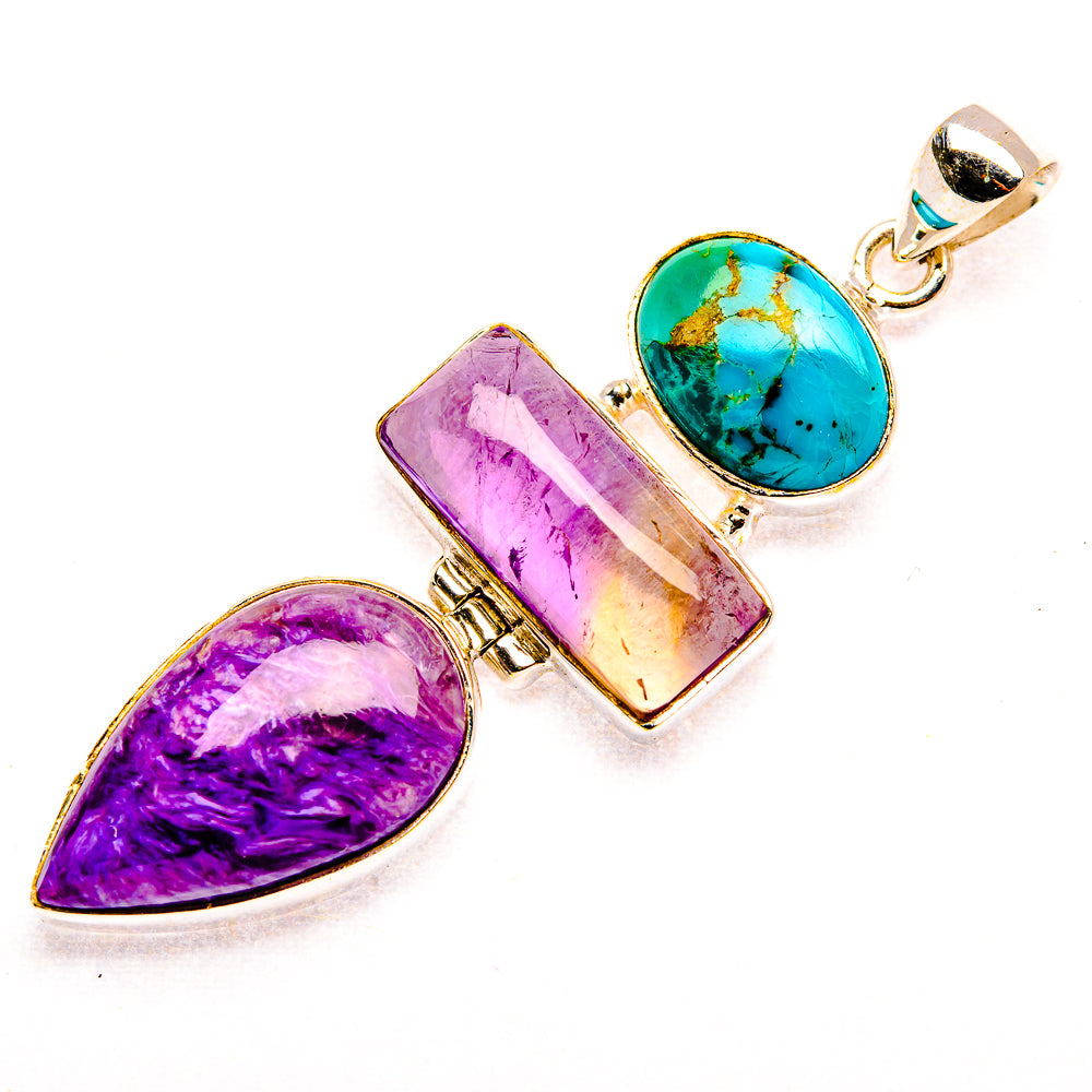 Charoite, Ametrine, Blue Copper Composite Turquoise 925 Sterling Silver Pendant 2 3/8" (925 Sterling Silver) PD37734