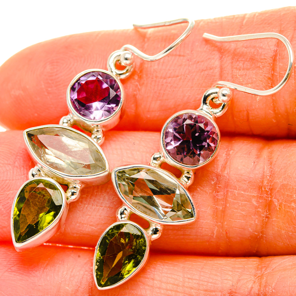 Anasilvercos Faceted Green Amethyst, Amethyst, Peridot Earrings 1 1/2" (925 Sterling Silver)