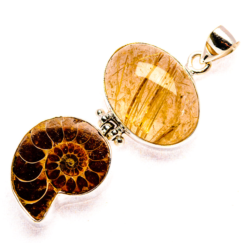 Ammonite Fossil, Rutilated Quartz 925 Sterling Silver Pendant 2 1/8" (925 Sterling Silver) PD37705