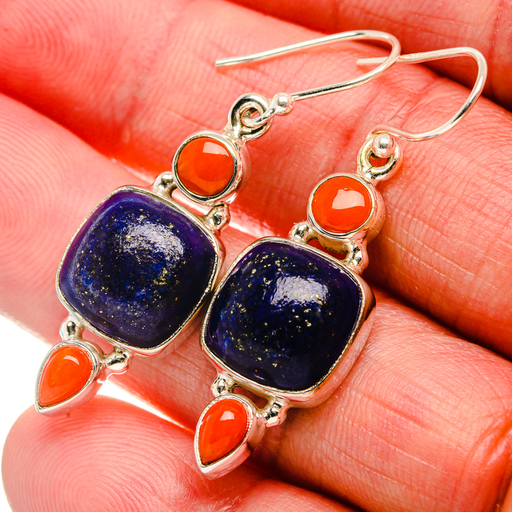 Lapis Lazuli, Red Coral Earrings 1 5/8" (925 Sterling Silver) EARR431894