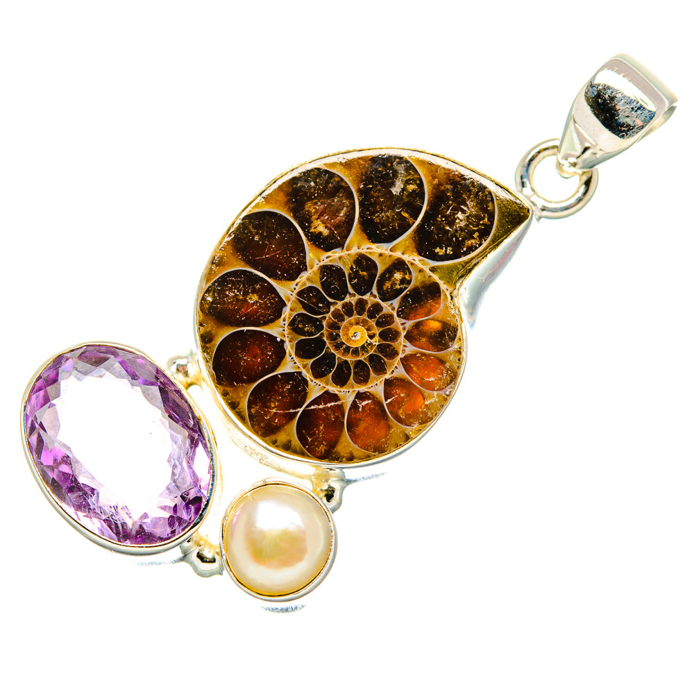 Ammonite Fossil, Amethyst, Cultured Pearl Pendant 1 3/4"  (925 Sterling Silver) PD36939