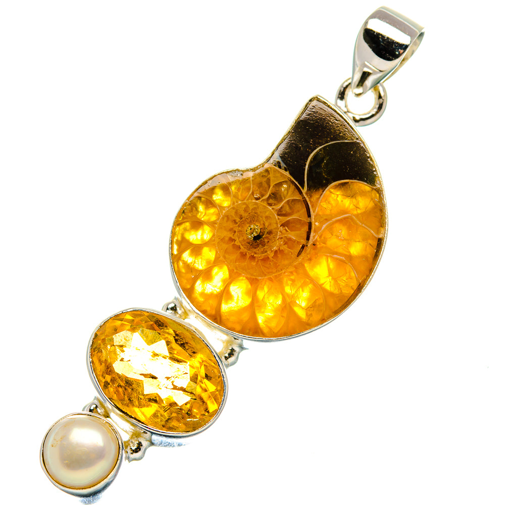 Ammonite Fossil, Citrine, Cultured Pearl Pendant 2"  (925 Sterling Silver) PD37252