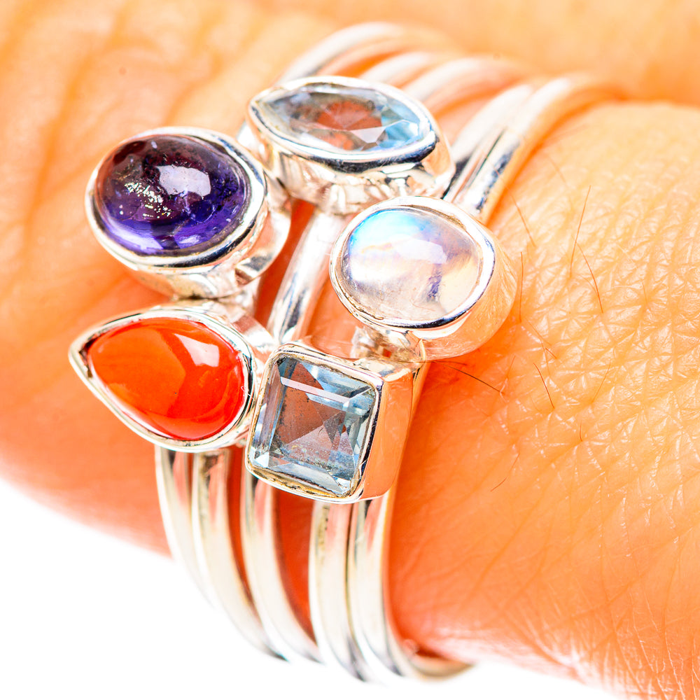 Red Coral, Tanzanite, Blue Topaz, Rainbow Moonstone Ring Size 8.75 (925 Sterling Silver) RING136821