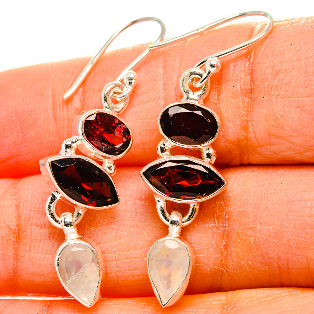Garnet, Rainbow Moonstone 925 Sterling Silver Earrings 1 3/4" Ana Co E431729