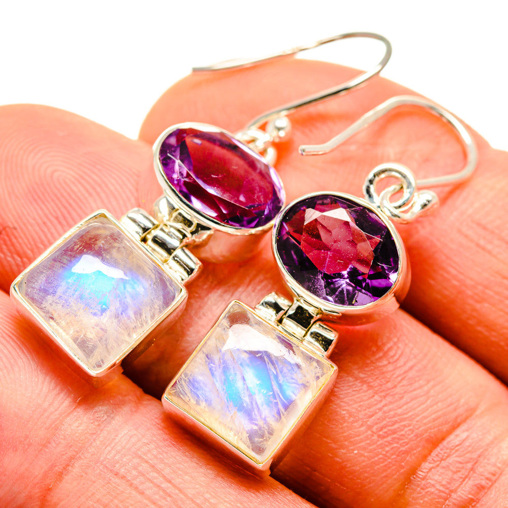 Rainbow Moonstone, Amethyst Earrings handcrafted by Anasilvercos - EARR413646
