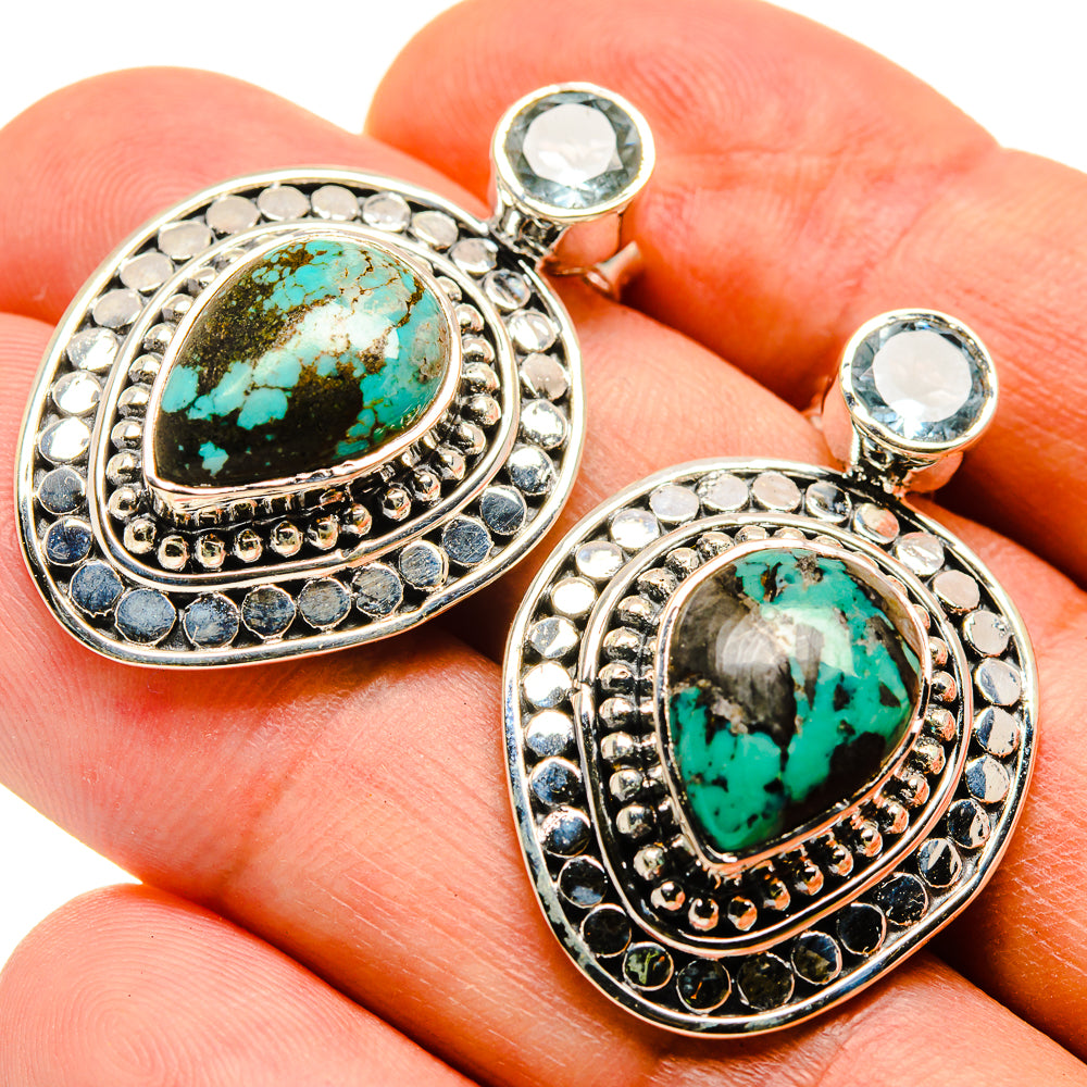 Tibetan Turquoise, Blue Topaz Earrings handcrafted by Anasilvercos - EARR415734