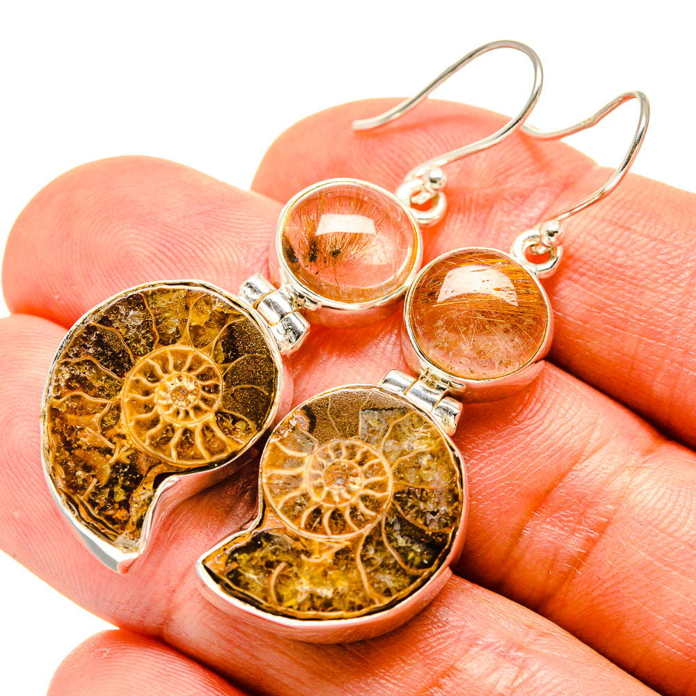 Ammonite Fossil, Rutilated Quartz Earrings handcrafted by Anasilvercos - EARR416313