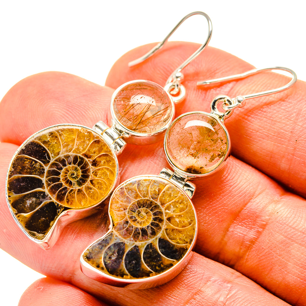 Ammonite Fossil, Rutilated Quartz Earrings handcrafted by Anasilvercos - EARR416333