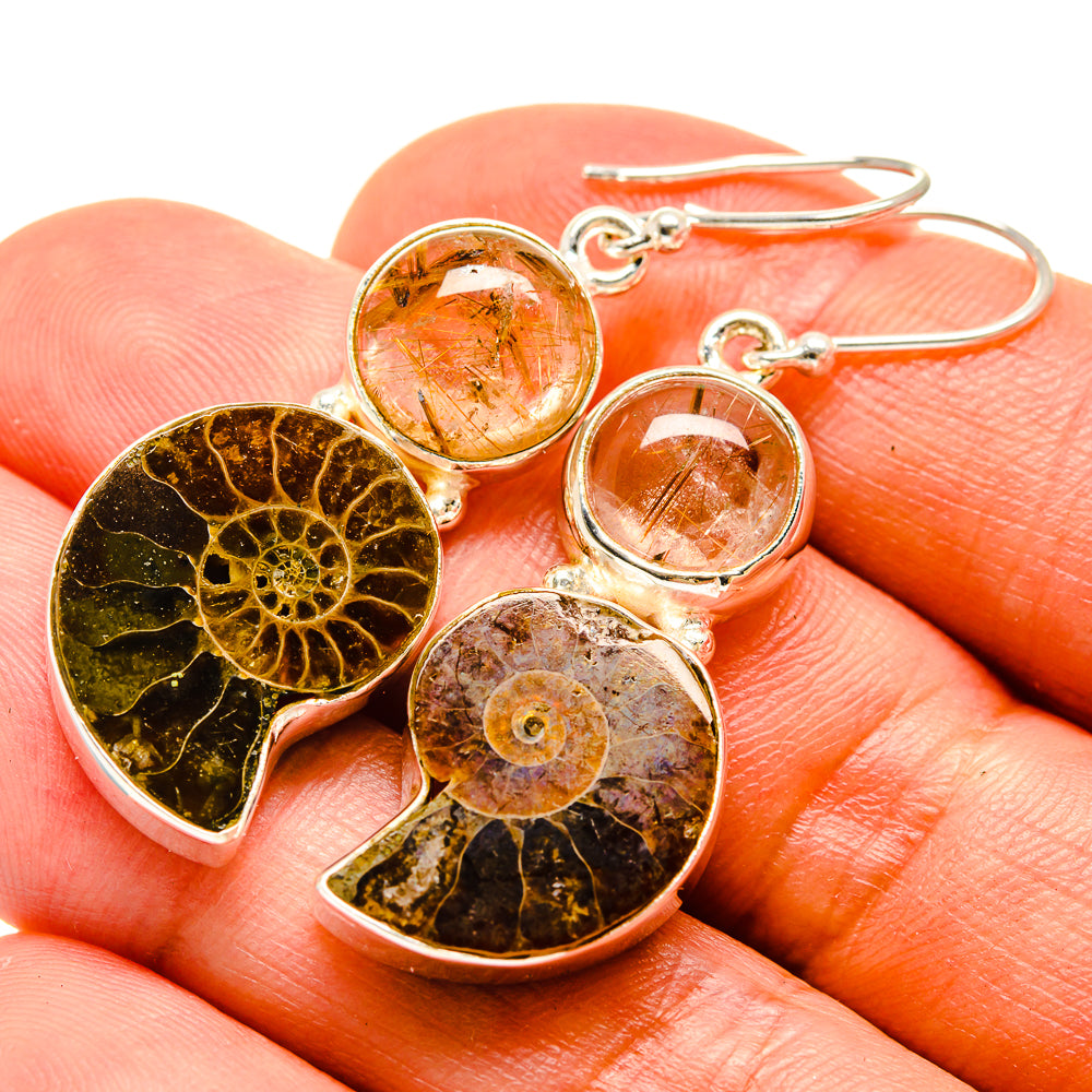 Ammonite Fossil, Rutilated Quartz Earrings handcrafted by Anasilvercos - EARR416336