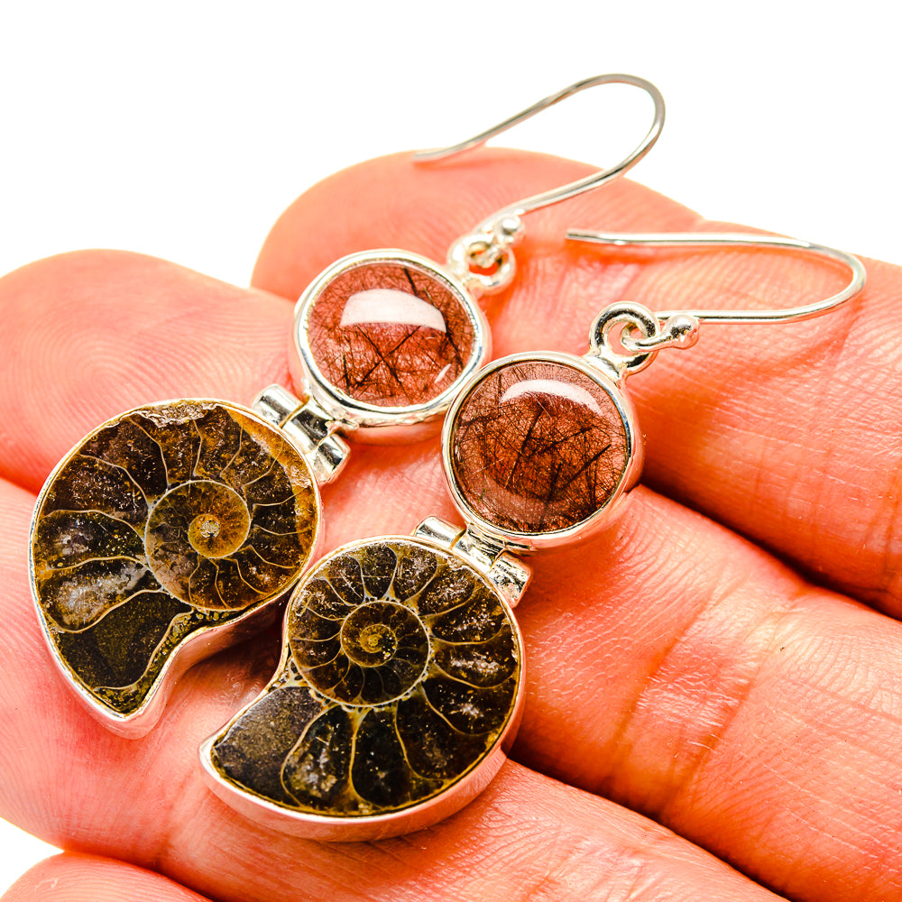 Ammonite Fossil, Rutilated Quartz Earrings handcrafted by Anasilvercos - EARR416337
