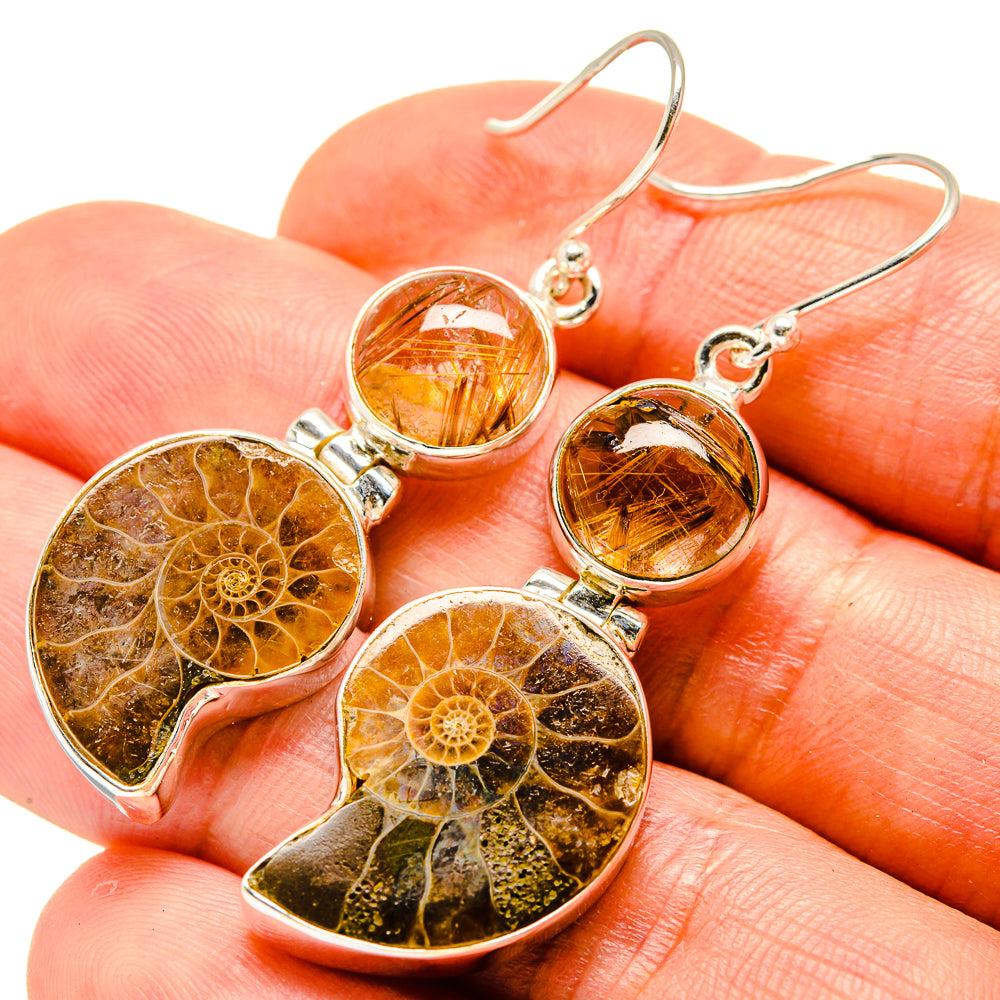 Ammonite Fossil, Rutilated Quartz Earrings handcrafted by Anasilvercos - EARR416339