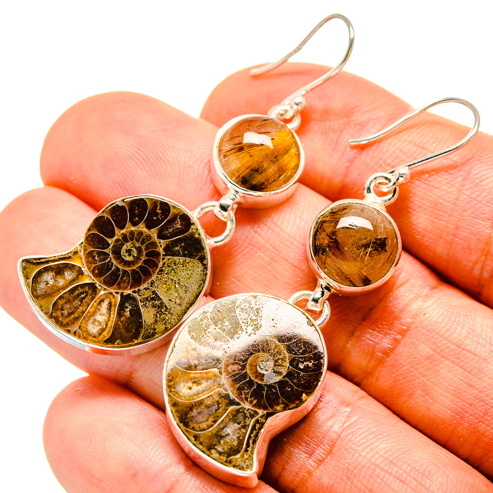 Ammonite Fossil, Rutilated Quartz Earrings handcrafted by Anasilvercos - EARR416343