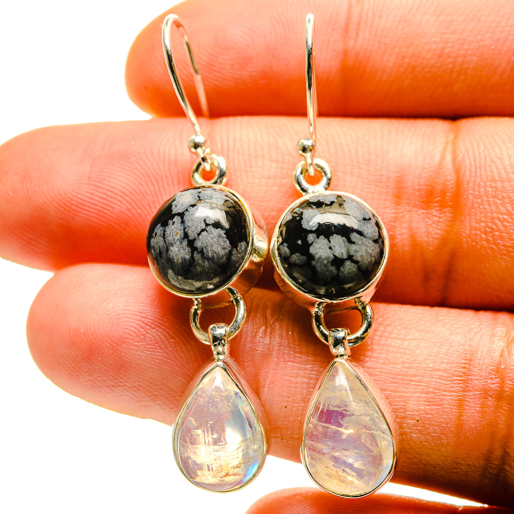 Snowflake Obsidian, Rainbow Moonstone Earrings handcrafted by Anasilvercos - EARR416818
