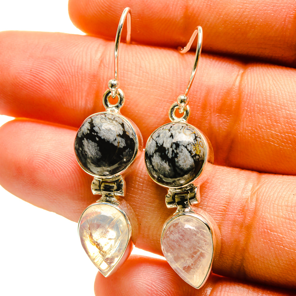 Snowflake Obsidian, Rainbow Moonstone Earrings handcrafted by Anasilvercos - EARR416821