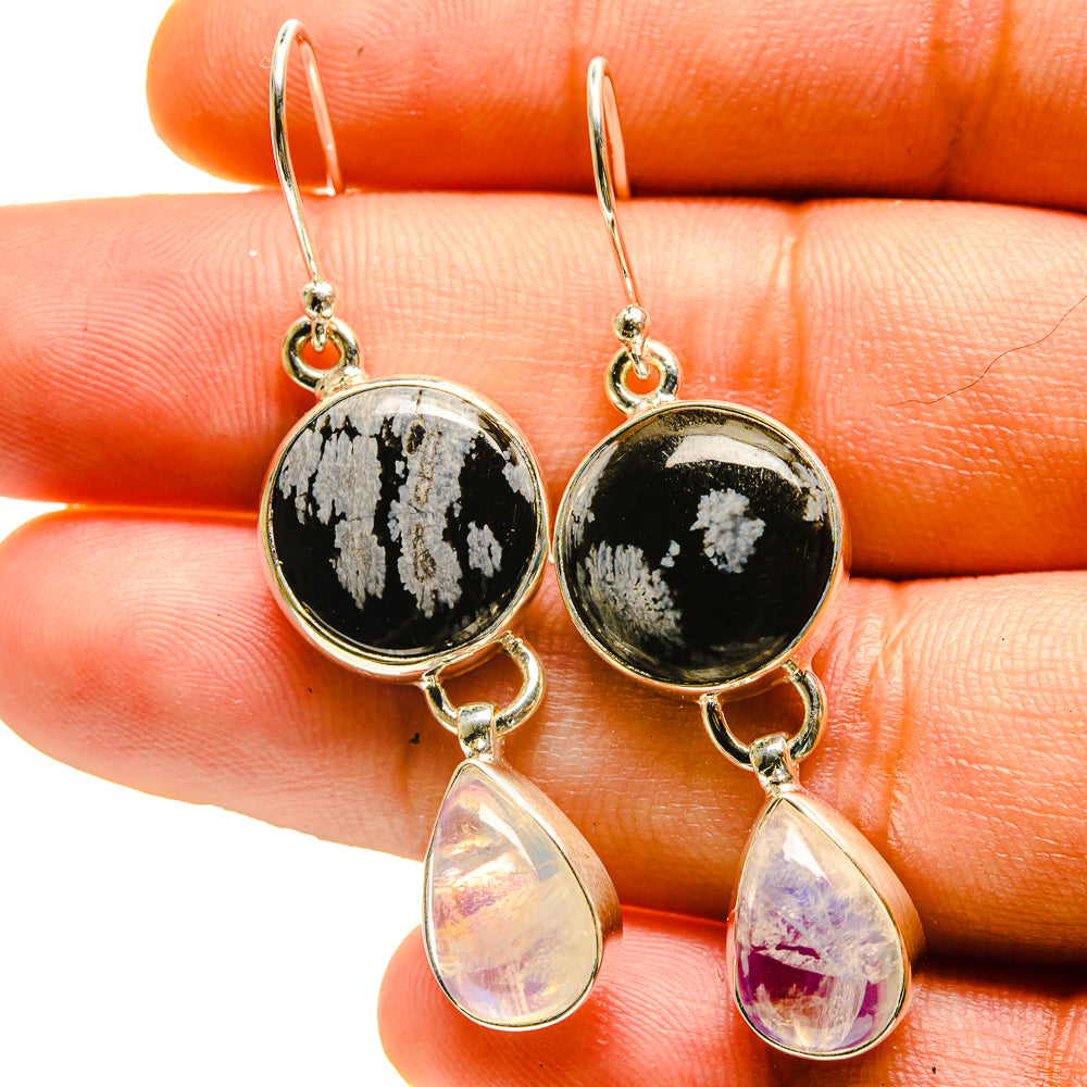 Snowflake Obsidian, Rainbow Moonstone Earrings handcrafted by Anasilvercos - EARR416836