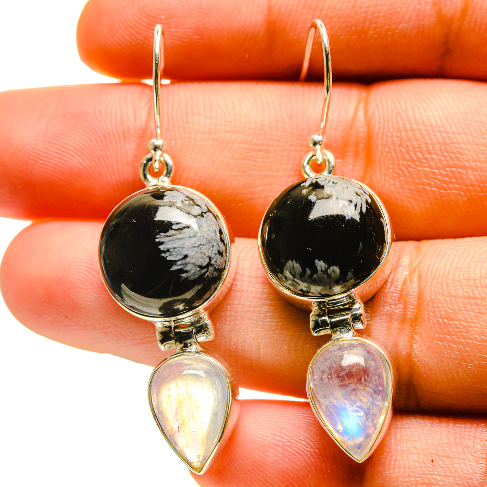 Snowflake Obsidian, Rainbow Moonstone Earrings handcrafted by Anasilvercos - EARR416854