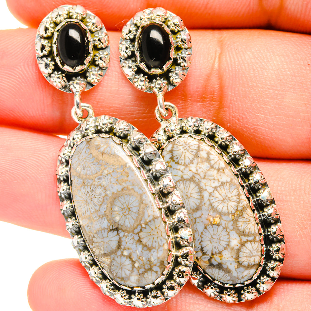 Fossil Coral, Black Onyx Earrings handcrafted by Anasilvercos - EARR420959