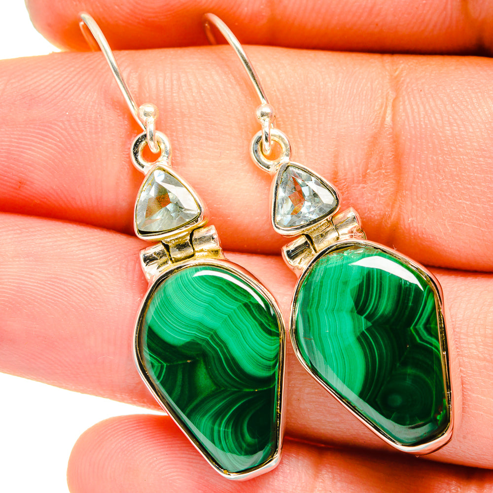 Malachite, Blue Topaz Earrings handcrafted by Anasilvercos - EARR420974