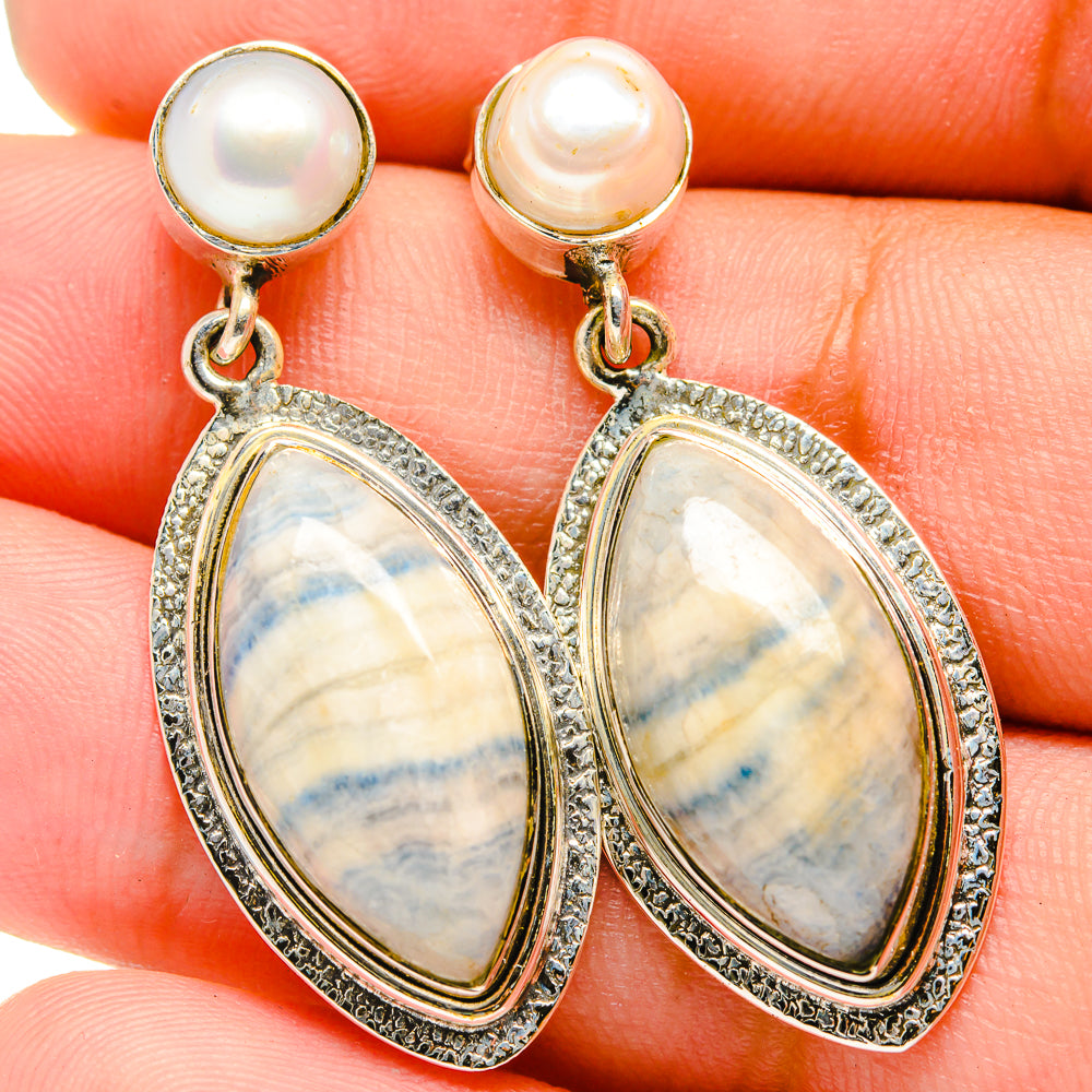 Blue Scheelite, Cultured Pearl Earrings handcrafted by Anasilvercos - EARR421020