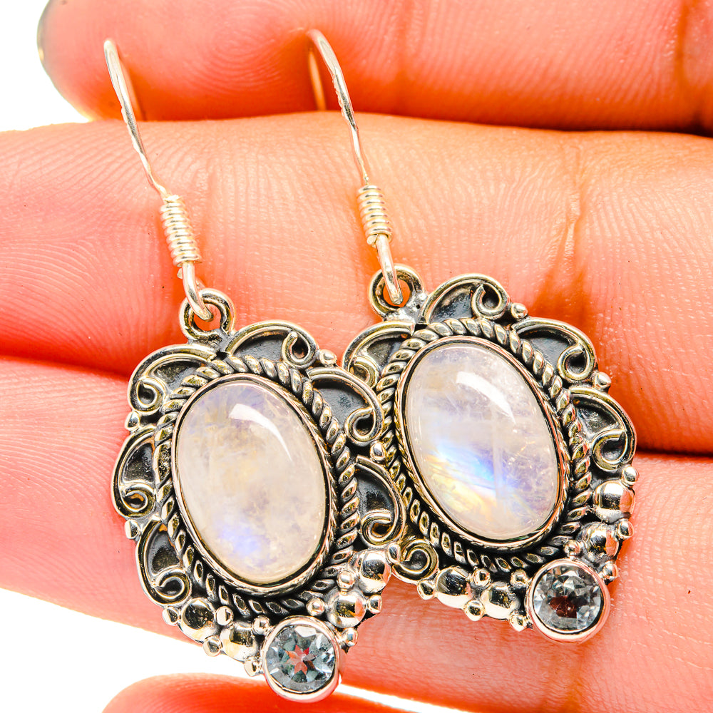Rainbow Moonstone, Blue Topaz Earrings handcrafted by Anasilvercos - EARR421050