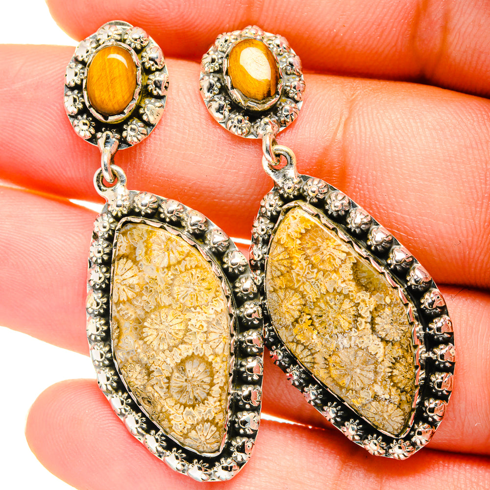 Fossil Coral, Tiger Eye Earrings handcrafted by Anasilvercos - EARR421136