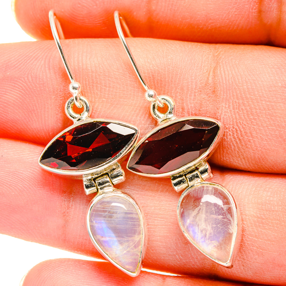 Garnet, Rainbow Moonstone Earrings handcrafted by Anasilvercos - EARR421149