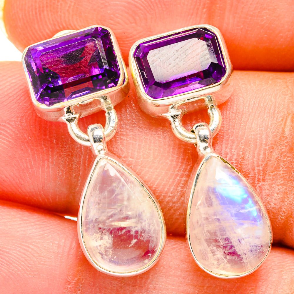 Rainbow Moonstone, Amethyst Earrings handcrafted by Anasilvercos - EARR421158