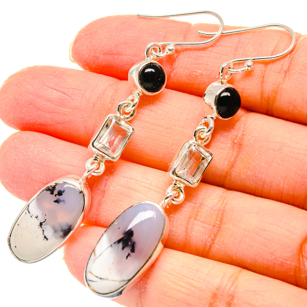 Dendritic Opal, White Quartz, Black Onyx Earrings handcrafted by Anasilvercos - EARR423007