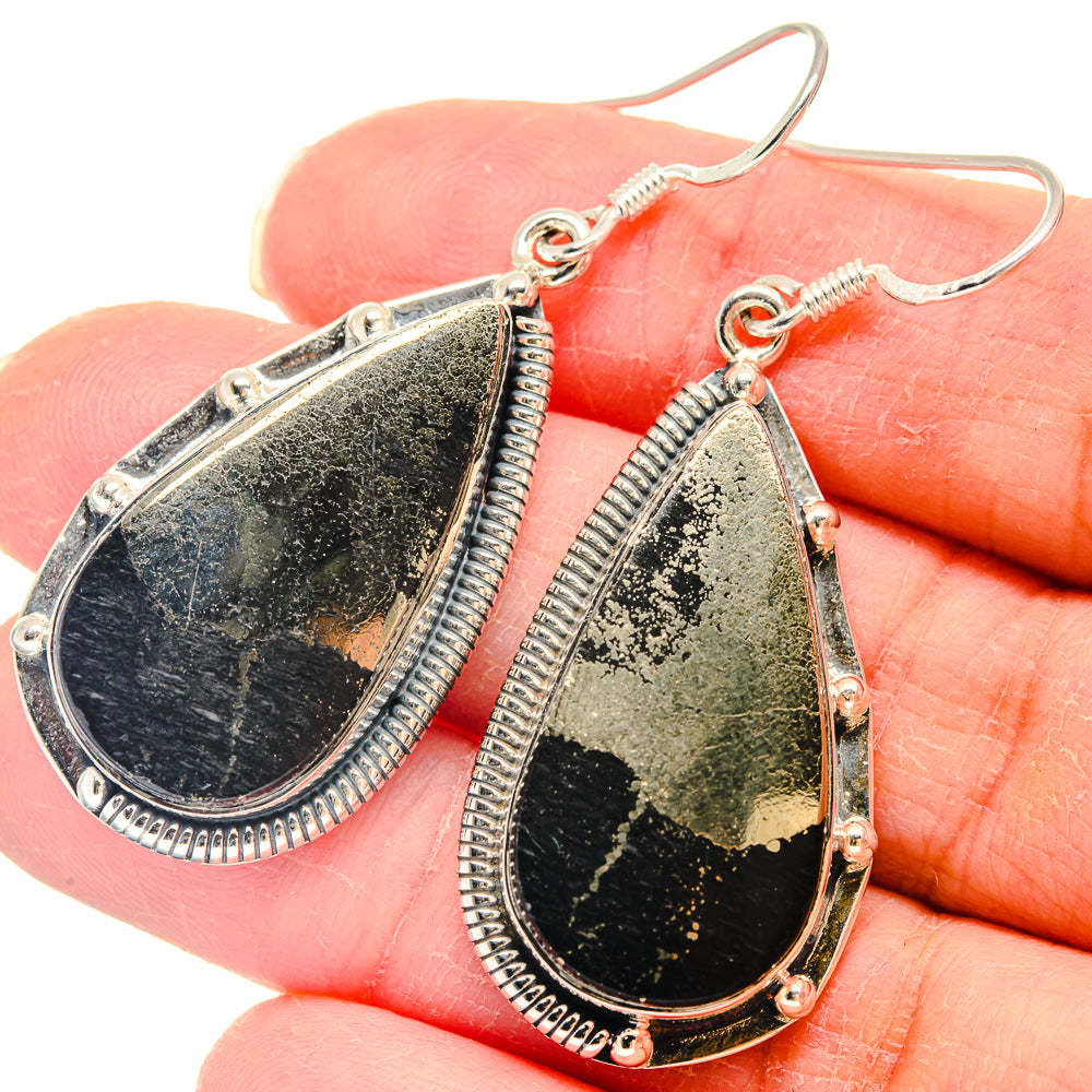 Pyrite In Black Onyx Earrings handcrafted by Anasilvercos - EARR423109