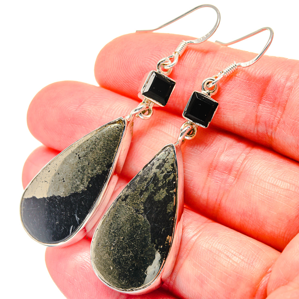 Pyrite In Black Onyx Earrings handcrafted by Anasilvercos - EARR423525