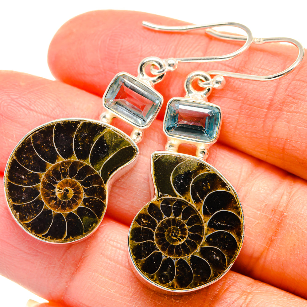 Ammonite Fossil, Blue Topaz Earrings handcrafted by Anasilvercos - EARR424677