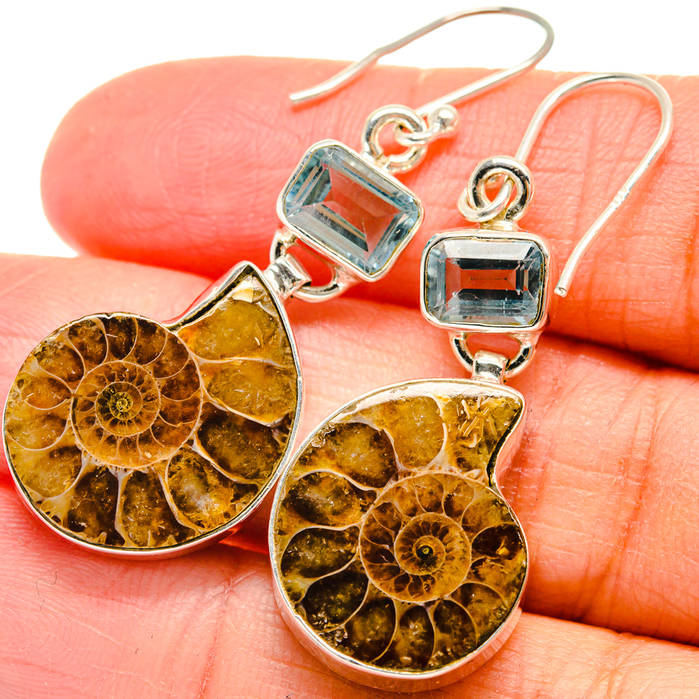 Ammonite Fossil, Blue Topaz Earrings handcrafted by Anasilvercos - EARR424704