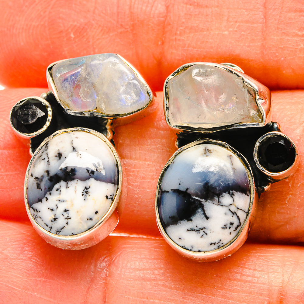 Dendritic Opal, Rainbow Moonstone, Black Onyx Earrings handcrafted by Anasilvercos - EARR425458
