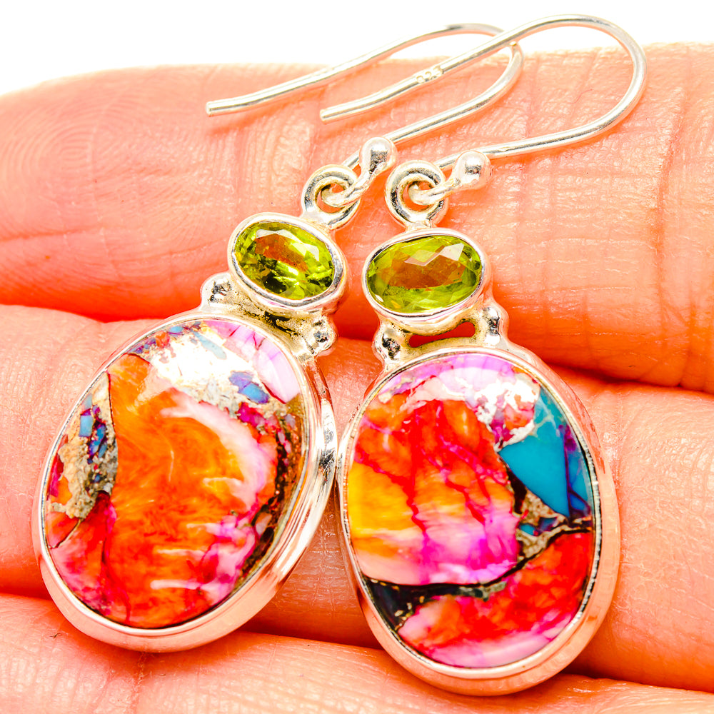 Kingman Pink Dahlia Turquoise, Peridot Earrings handcrafted by Anasilvercos - EARR430341