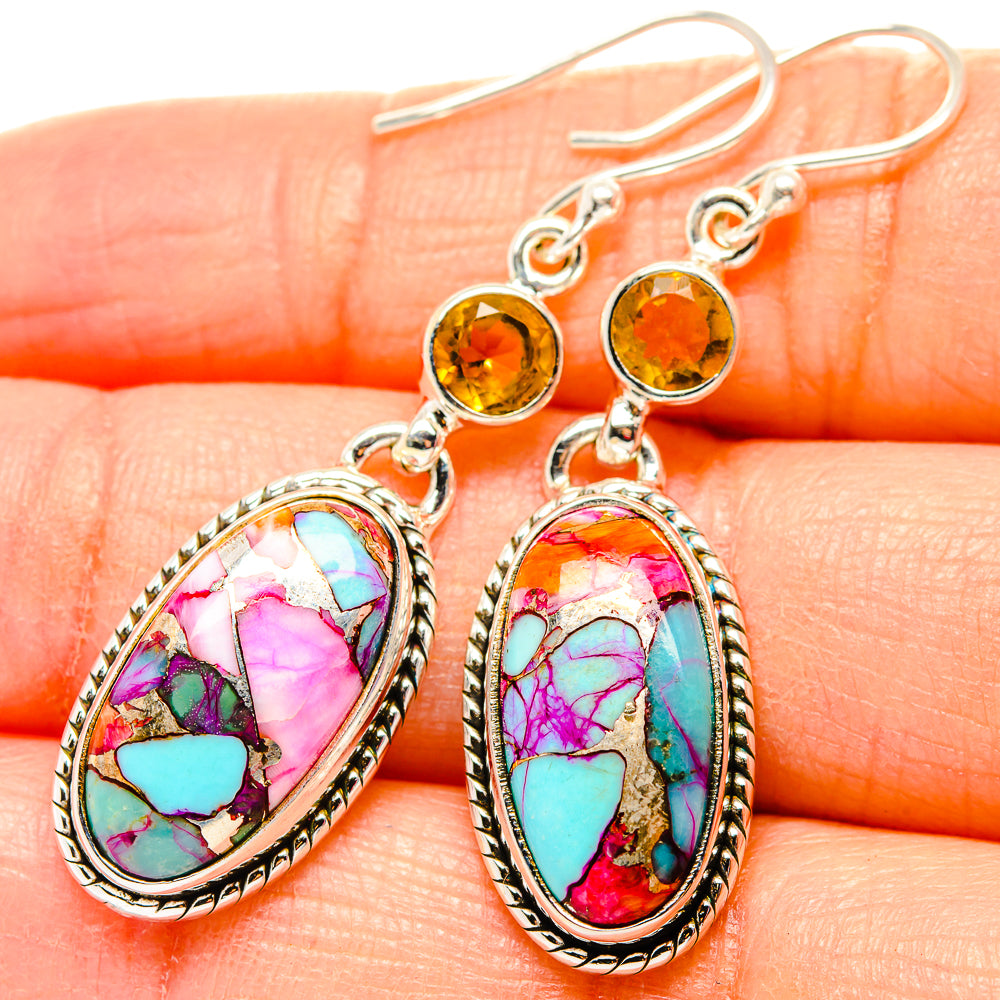 Kingman Pink Dahlia Turquoise, Citrine Earrings handcrafted by Anasilvercos - EARR430345