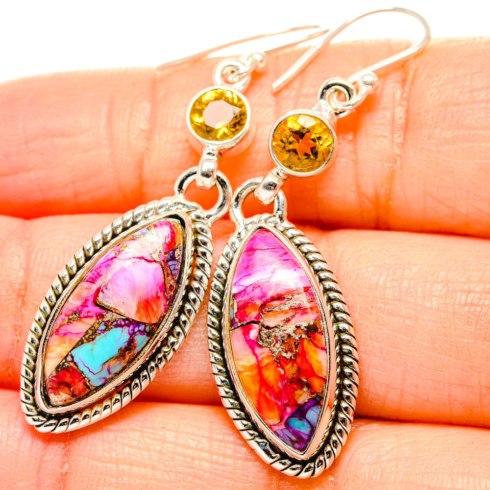Kingman Pink Dahlia Turquoise, Citrine Earrings handcrafted by Anasilvercos - EARR430348