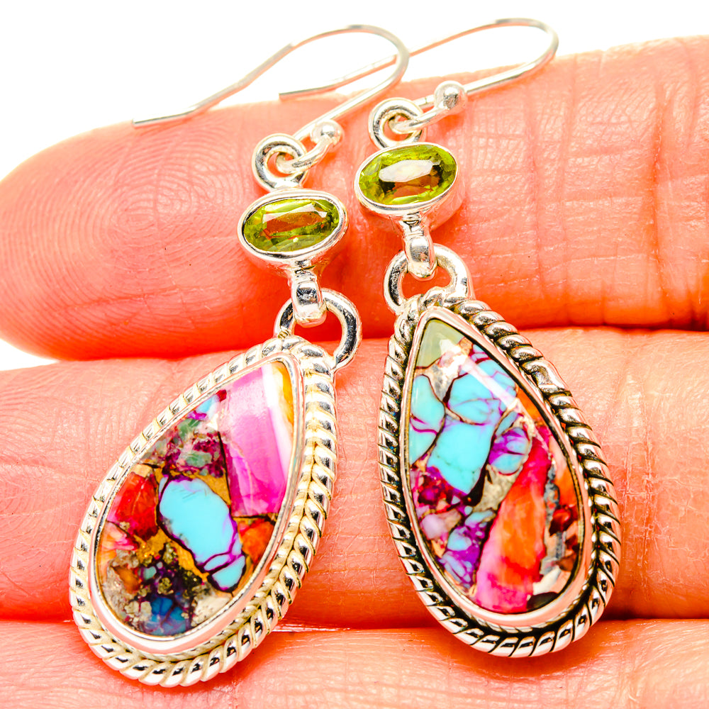 Kingman Pink Dahlia Turquoise, Peridot Earrings handcrafted by Anasilvercos - EARR430350