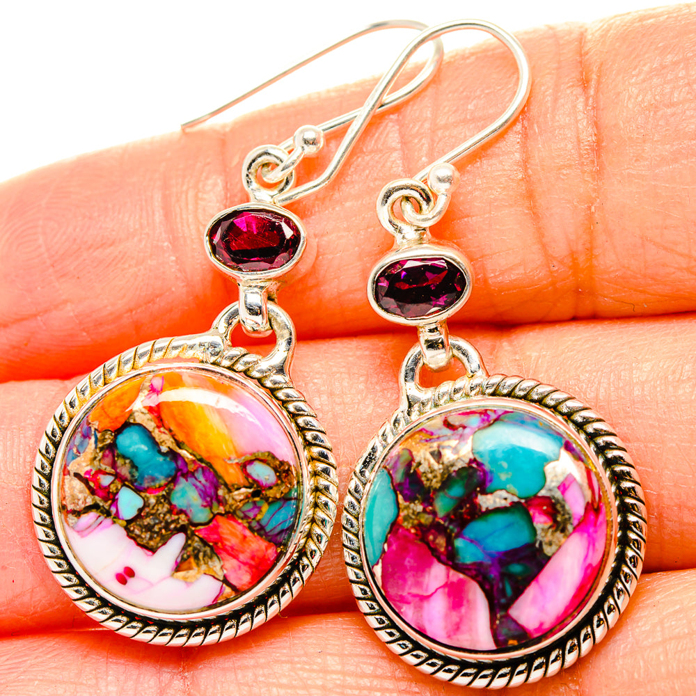 Kingman Pink Dahlia Turquoise, Garnet Earrings handcrafted by Anasilvercos - EARR430352