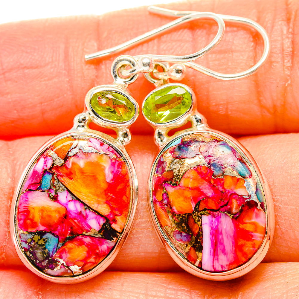 Kingman Pink Dahlia Turquoise, Peridot Earrings handcrafted by Anasilvercos - EARR430355
