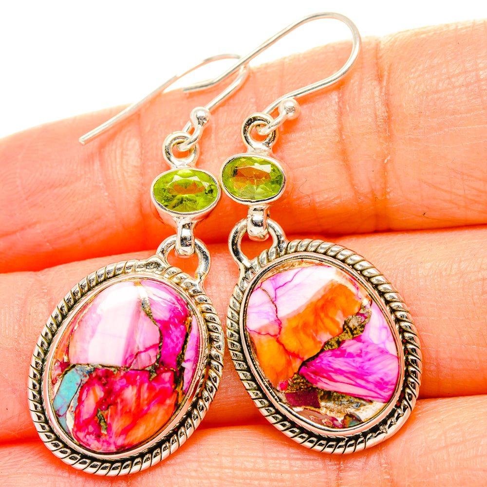 Kingman Pink Dahlia Turquoise, Peridot Earrings handcrafted by Anasilvercos - EARR430360