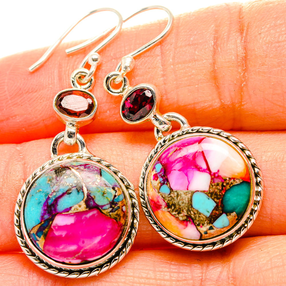 Kingman Pink Dahlia Turquoise, Garnet Earrings handcrafted by Anasilvercos - EARR430378