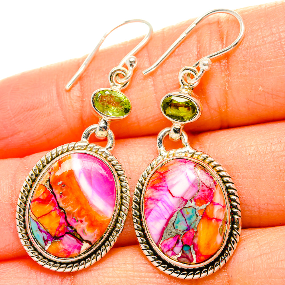Kingman Pink Dahlia Turquoise, Peridot Earrings handcrafted by Anasilvercos - EARR430392