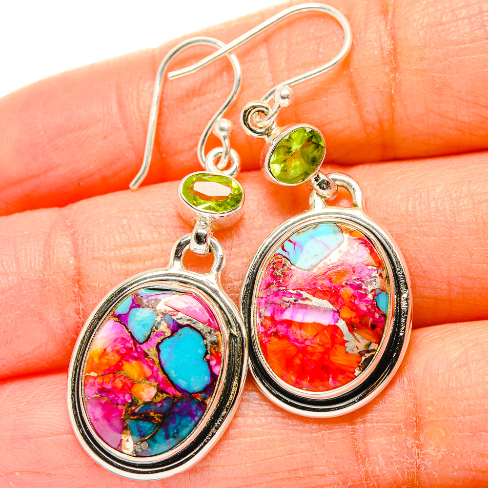 Kingman Pink Dahlia Turquoise, Peridot Earrings handcrafted by Anasilvercos - EARR430398