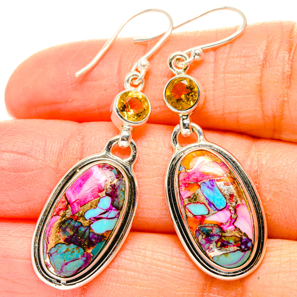 Kingman Pink Dahlia Turquoise, Citrine Earrings handcrafted by Anasilvercos - EARR430403