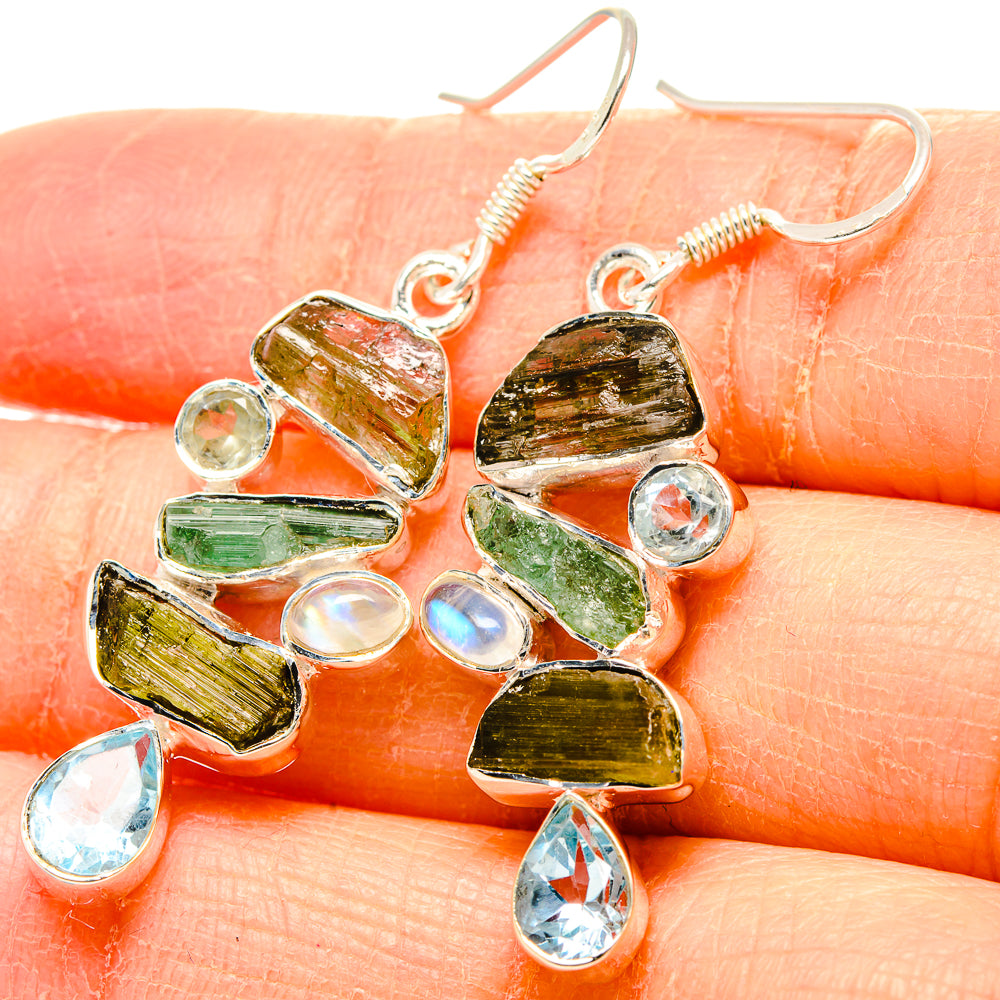 Green Tourmaline, Blue Topaz, Rainbow Moonstone Earrings handcrafted by Anasilvercos - EARR431438