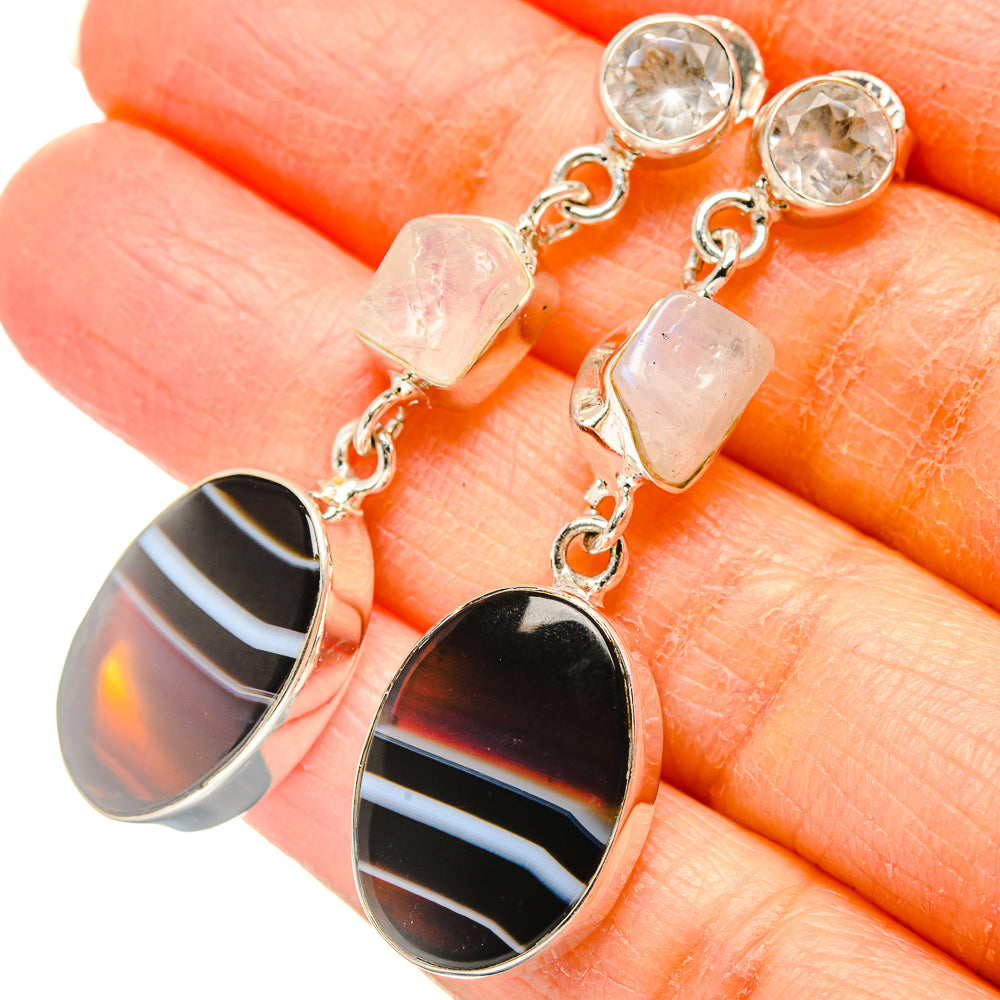 Black Botswana Agate, Rainbow Moonstone, White Quartz Earrings handcrafted by Anasilvercos - EARR431446